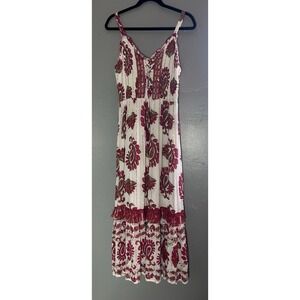 Women's Me 2 Magic Maxi Sleeveless Dress Boho Print Tassels Red W/gold Threads L